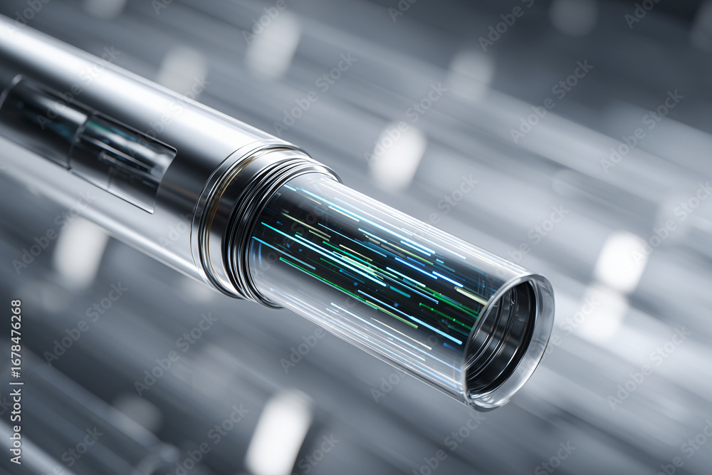 Aufkleber close up of optical fiber connection with digital data. the digital data transmits with a colorful l