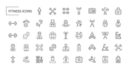Line art fitness symbols representing workout routines and equipment for healthy lifestyle on white backdrop.