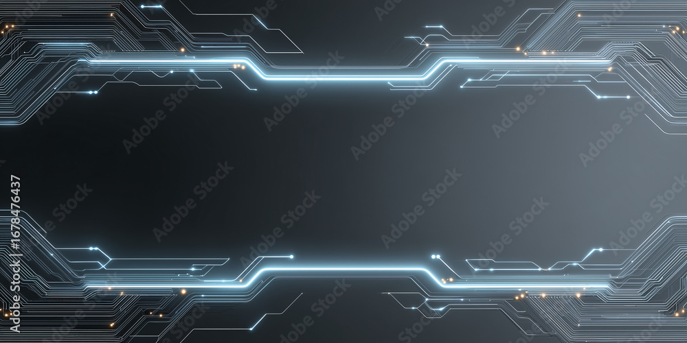 Poster abstract futuristic technology frame with neon glowing circuit board elements and digital lines. a t