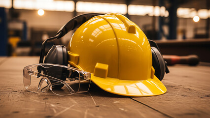 Yellow hard hat safety glasses and ear protection on wooden surface