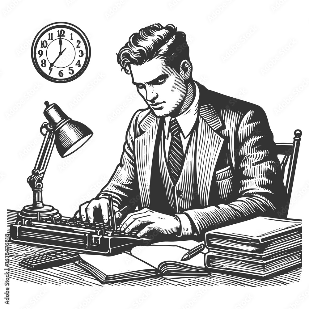 Poster man in a suit typing on a typewriter at night with books and lamp sketch engraving generative ai fic