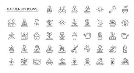 Gardening tools and plant seedlings arranged in neat rows against a white backdrop, showcasing a minimalist and clean aesthetic, ideal for instructional purposes.