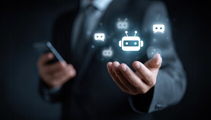 Businessman holds a glowing robot icon, representing AI chatbots, with a phone