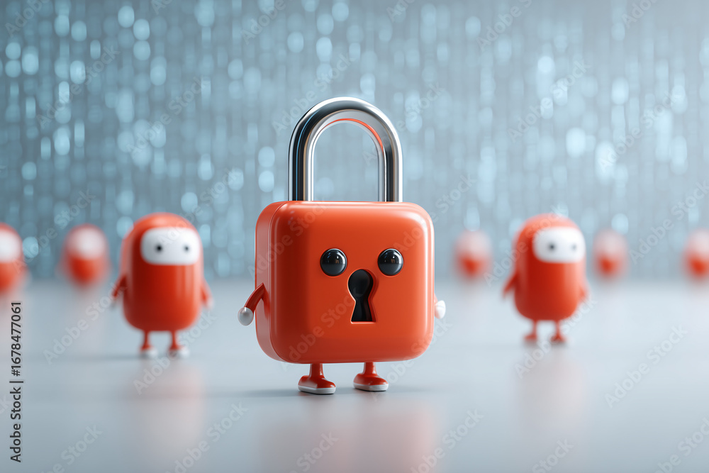 Poster cute animated lock character surrounded by security guard characters, safeguarding data privacy and 