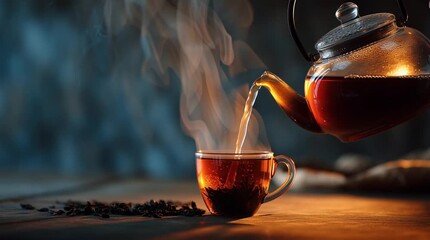 Glass teapot pouring out steaming hot tea in a cup