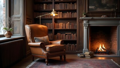 Fototapeta premium Cozy library with wingback chair and fireplace