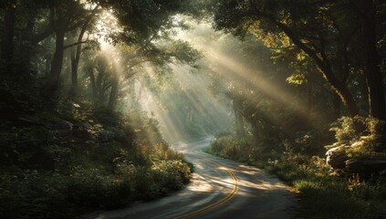 Obraz premium Sunlight streams through a misty forest road (1)