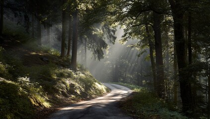 Obraz premium Sunbeams illuminating a winding forest road
