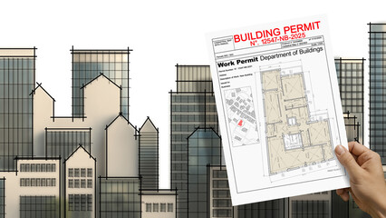 BUILDING PERMIT APPROVAL & CITYSCAPE - Urban planning, construction site, and real estate...