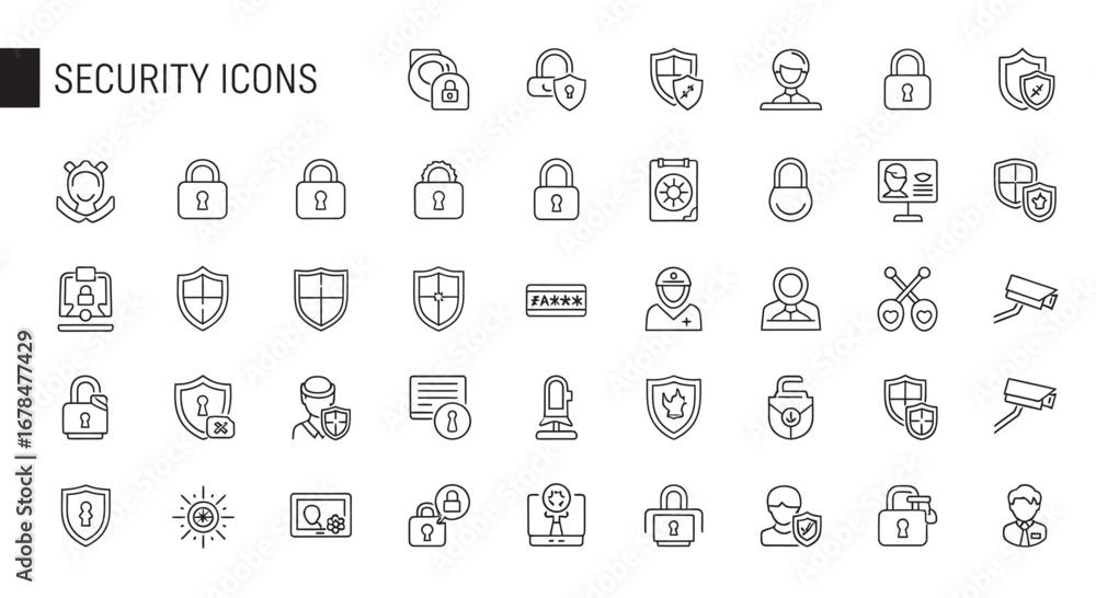 Poster security symbols representing data protection displayed as outline elements against a white backdrop