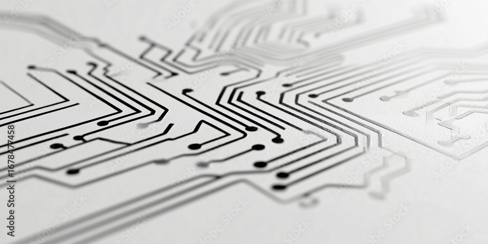 Poster close-up view of electronic circuit board, with intricate lines and connections. ideal for tech, sci