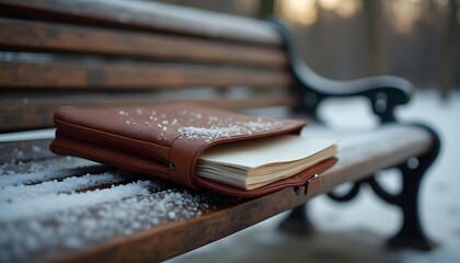 Leather bound book resting on a snowy park bench