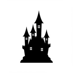Obraz premium Silhouette of a spooky castle with pointed towers and illuminated windows against a white background.