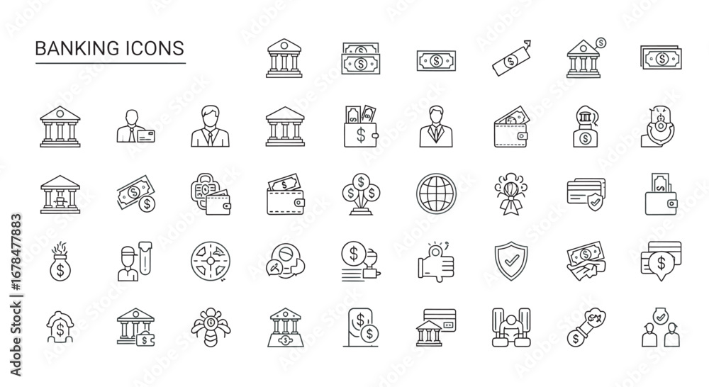 Poster collection of banking symbols representing financial transactions and services in a clean, minimalis