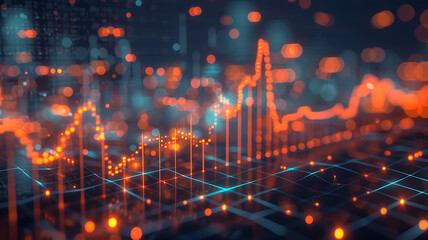 Abstract Orange Data Graph with Blue Grid Connecting Dots for Future Technology Concept.
