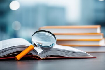 Open book with magnifying glass on a desk