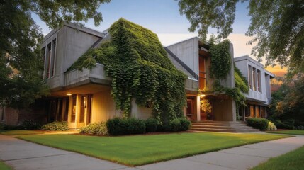 A large modern building with ivy covered walls features clean lines and large windows,