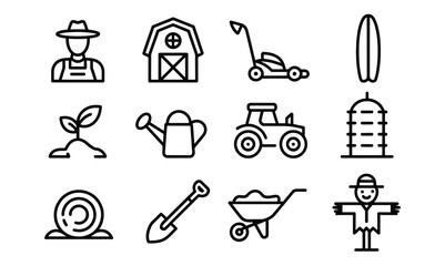 WebDelightful farming icons for your creative projects, featuring a barn, tractor, and more, perfect for illustrating agricultural concepts and rural lifestyle with a touch of simple charm