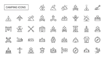Camping equipment and outdoor adventure elements displayed as simple line art symbols representing exploration and nature in a minimalist style.