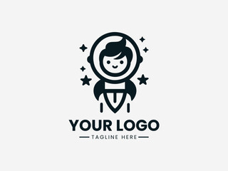 Vintage retro space kid astronaut with classic rocket and stars vector logo