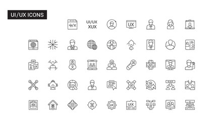 Collection of user interface elements displayed as thin line art representing various functions and features for modern digital applications.