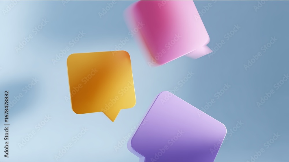 Poster colorful speech bubbles floating against a light blue background represent communication and connect