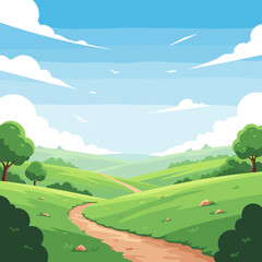 A serene countryside path through rolling green hills under a bright blue sky filled with fluffy white clouds