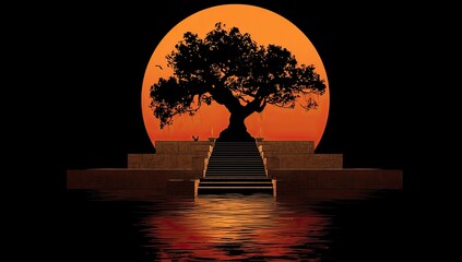 Silhouette tree, sunrise, steps, water