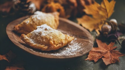 Traditional empanada on a rustic wooden plate, dusted with powdered sugar and autumn leaves behind.