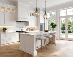 Luxury Kitchen Interior in white with wooden floor and kitchen island.