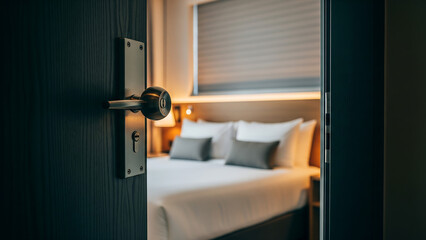 Open hotel room door revealing a cozy and modern bedroom