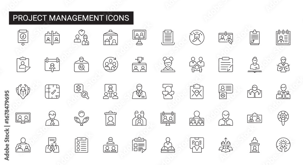 Poster collection of project management symbols depicting various tasks and roles in a modern office enviro