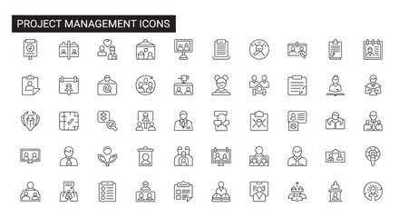Collection of project management symbols depicting various tasks and roles in a modern office environment, conveying efficiency and organization.