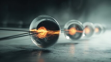 Una serie de esferas de vidrio conectadas por filamentos de energía, representando una línea de tiempo o una red de posibilidades.