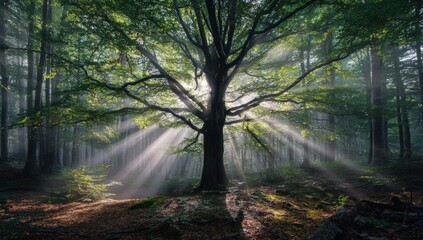Fototapeta premium Sunlight streams through a misty forest canopy, illuminating a large tree
