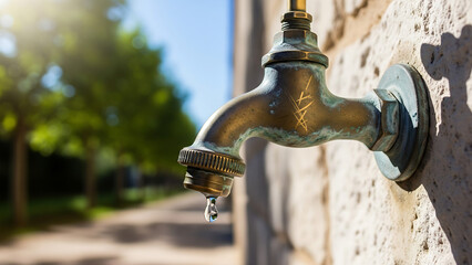 Outdoor faucet dripping water on a sunny day