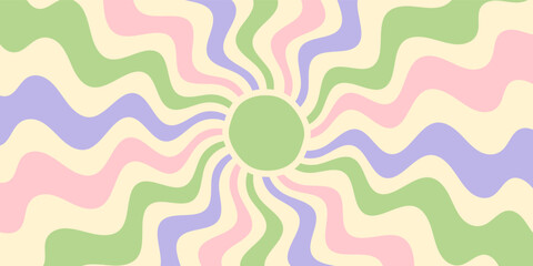 Groovy retro pastel burst background with abstract flat sun and wavy sunshine. Y2k graphic in horizontal format, vintage decorative style for contemporary design uses.