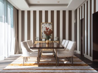 Dining room with striped wallpaper and cream colored chairs.