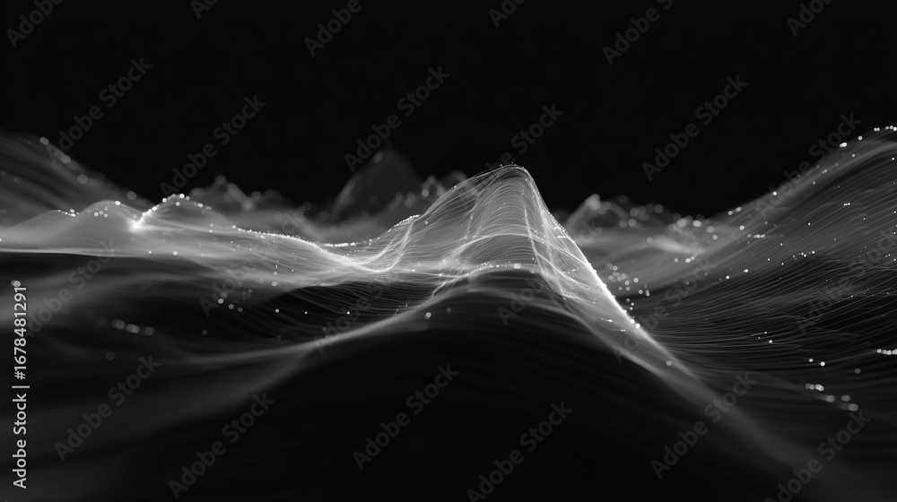 Poster abstract black and white digital landscape with flowing lines, creating waves and patterns in a surr