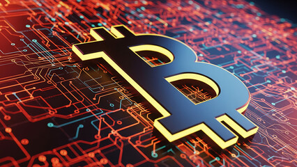 Golden bitcoin symbol on digital circuit board background
