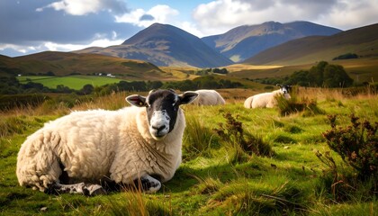 Fototapeta premium Sheep Grazing in a Mountain Meadow.