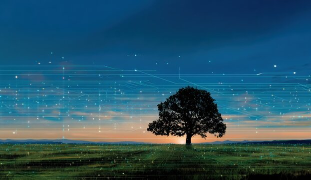 Silhouette tree in field at sunrise, digital overlay