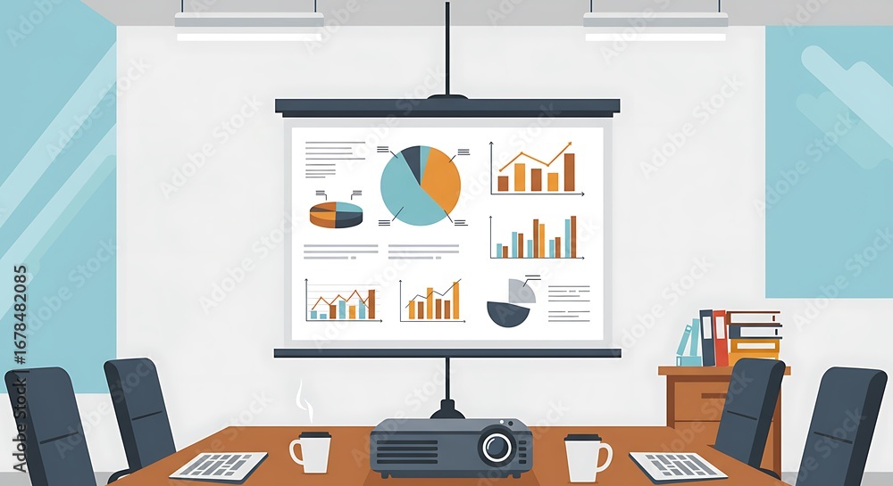 Poster a modern meeting room with a projector screen displaying various business charts and graphs.