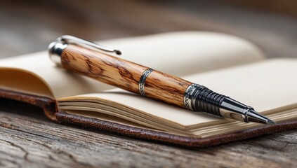 Fototapeta premium Wooden pen resting on open notebook
