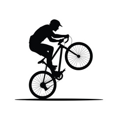Obraz premium Acrobatic Cyclist Silhouette Illustration A Black Vector Depiction of a Wheelie Stunt on a Bicycle Against a White Backdrop