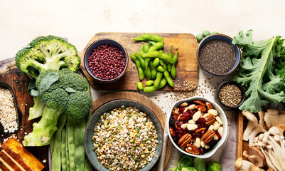 Asortment of plant based vegan protein products. Healthy eating.
