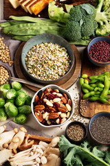Asortment of plant based vegan protein products. Healthy eating.
