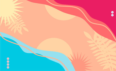 Obraz premium Abstract tropical background illustration with vibrant colors of red, blue, and peach. Modern flat design featuring leaf silhouettes and sun shapes, perfect for posters, flyers, banners, web design, p