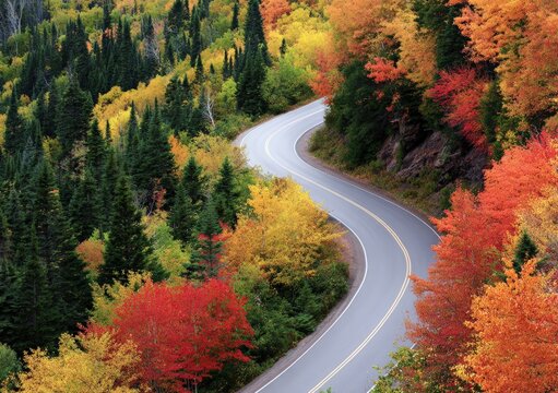 Scenic route winding through vibrant trees displaying fall foliage, creating a picturesque autumn landscape - Powered by Adobe