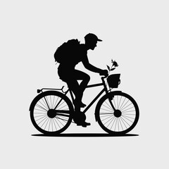 Obraz premium Detailed Vector Illustration of a Black Silhouette Bicyclist with Backpack and Flowers in Basket on a Bicycle Ride Graphic Design